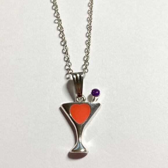 Martini Cocktail Drink Cup Glass Charm Necklace Pendant Pink Enamel 18" Chain - Picture 4 of 9